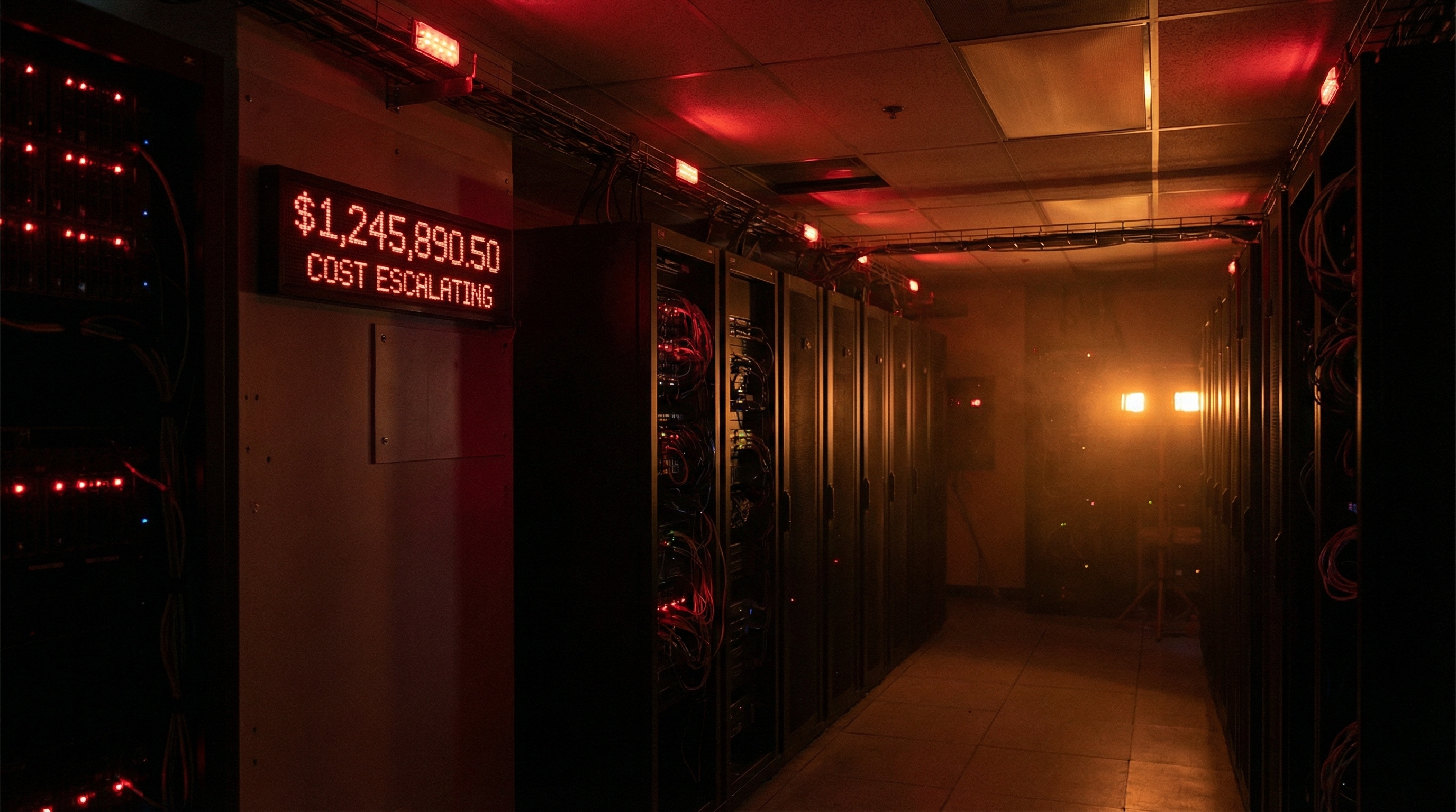 Server room showing IT downtime with cost counter display