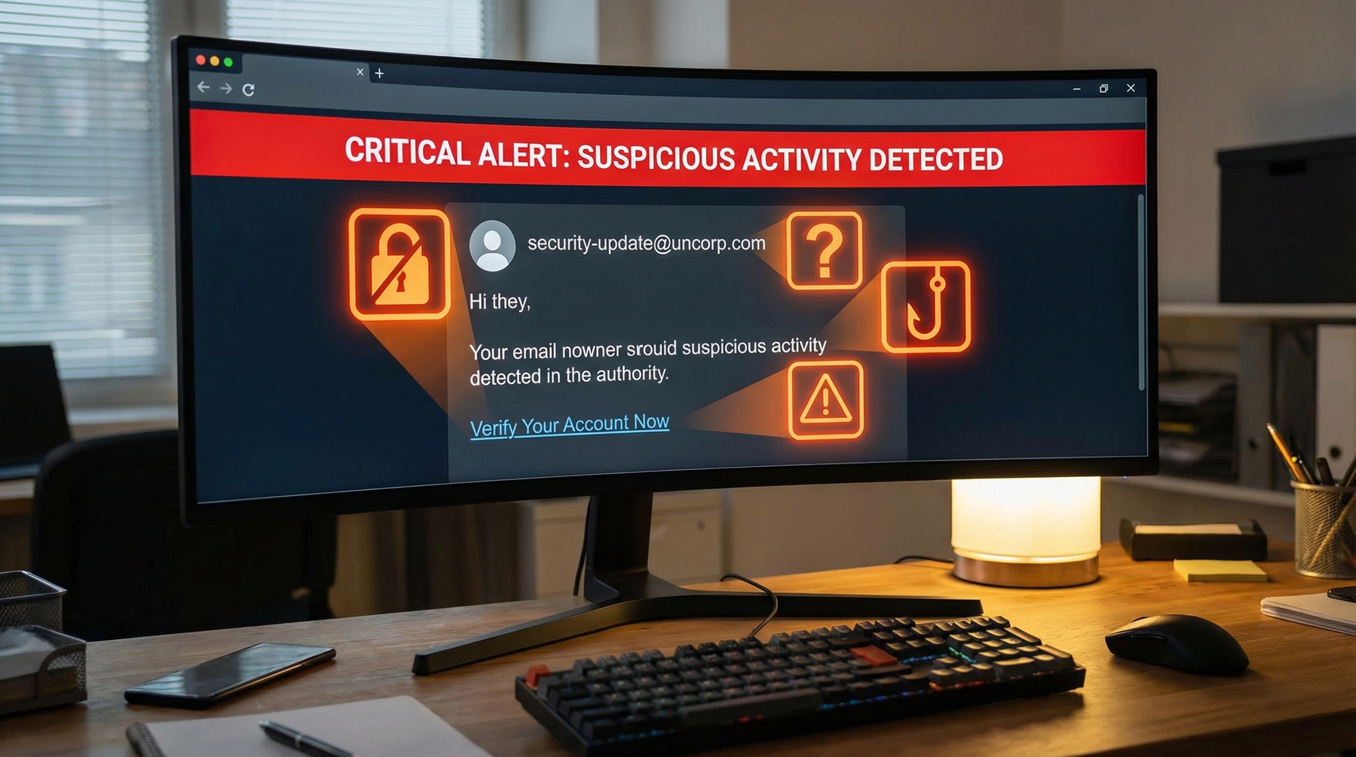 Business email compromise phishing attack warning on computer screen