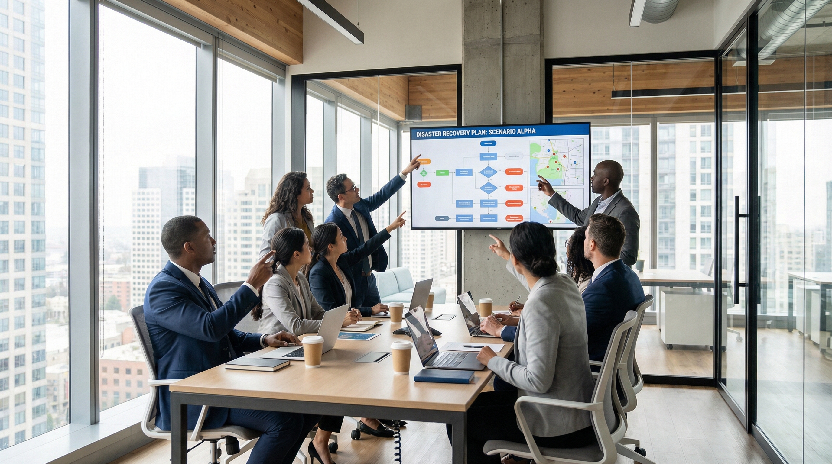 Business team reviewing business continuity plans in modern office